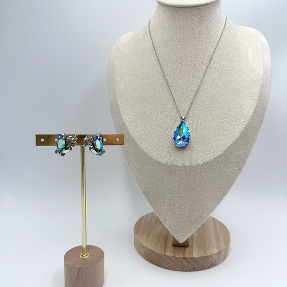 Vintage Aurora Borealis AB Austrian Crystal Dangle Bridal Earring Necklace Sets - Picture 1 of 9